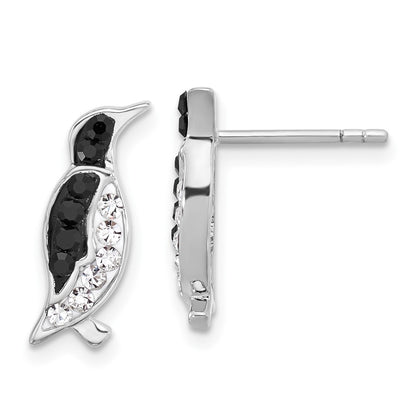 Sterling Silver Rhodium Plated Polished Crystal Penguin Post Earrings