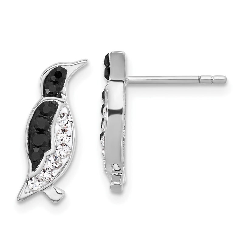 Sterling Silver Rhodium Plated Polished Crystal Penguin Post Earrings