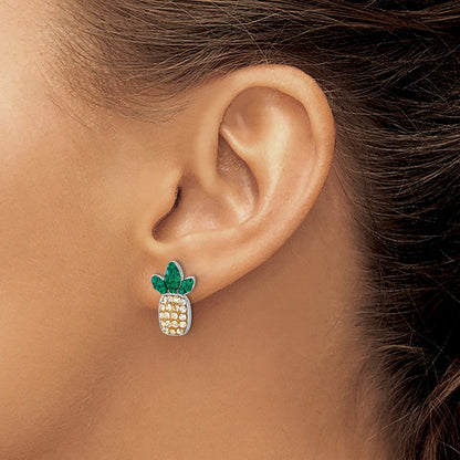 Sterling Silver Rhodium Plated Polished Crystal Pineapple Post Earrings