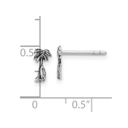 Sterling Silver Rhodium Plated Antiqued Palm & Tree Surfboard Earrings