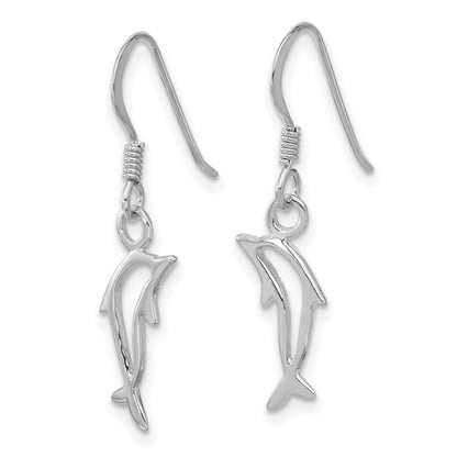 Sterling Silver Rhodium Plated Polished Dolphin Dangle Earrings