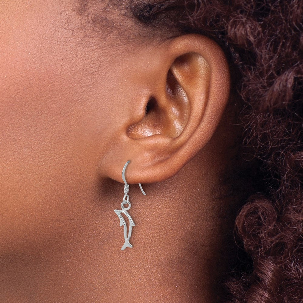 Sterling Silver Rhodium Plated Polished Dolphin Dangle Earrings