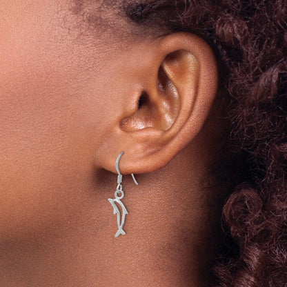Sterling Silver Rhodium Plated Polished Dolphin Dangle Earrings