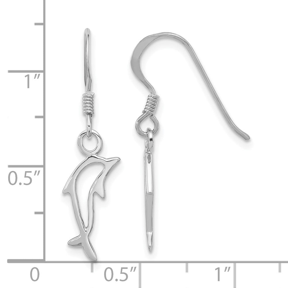 Sterling Silver Rhodium Plated Polished Dolphin Dangle Earrings