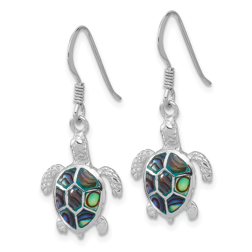 Sterling Silver Rhodium Plated Polished Paua Shell Turtle Dangle Earrings