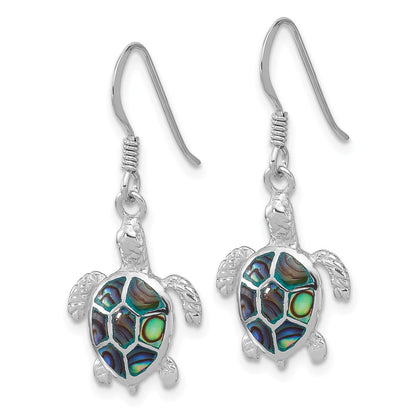 Sterling Silver Rhodium Plated Polished Paua Shell Turtle Dangle Earrings