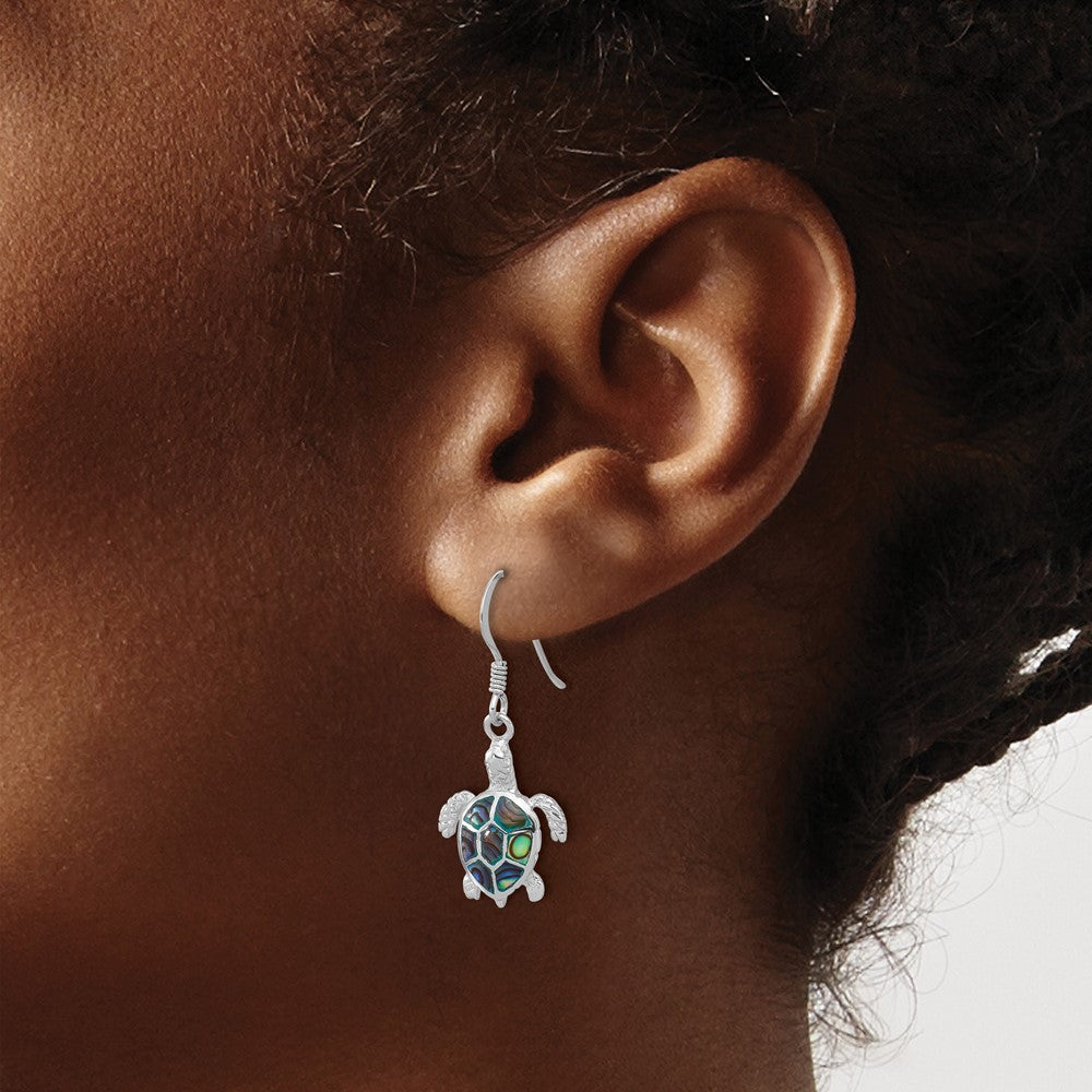 Sterling Silver Rhodium Plated Polished Paua Shell Turtle Dangle Earrings