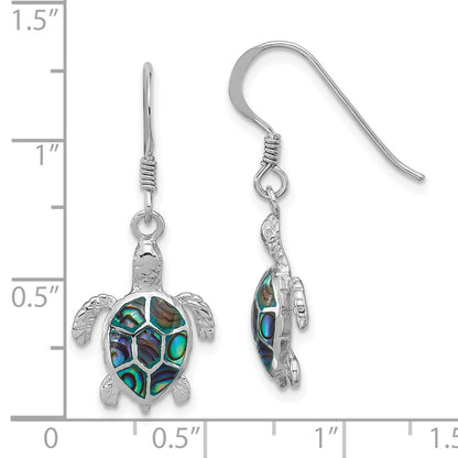 Sterling Silver Rhodium Plated Polished Paua Shell Turtle Dangle Earrings