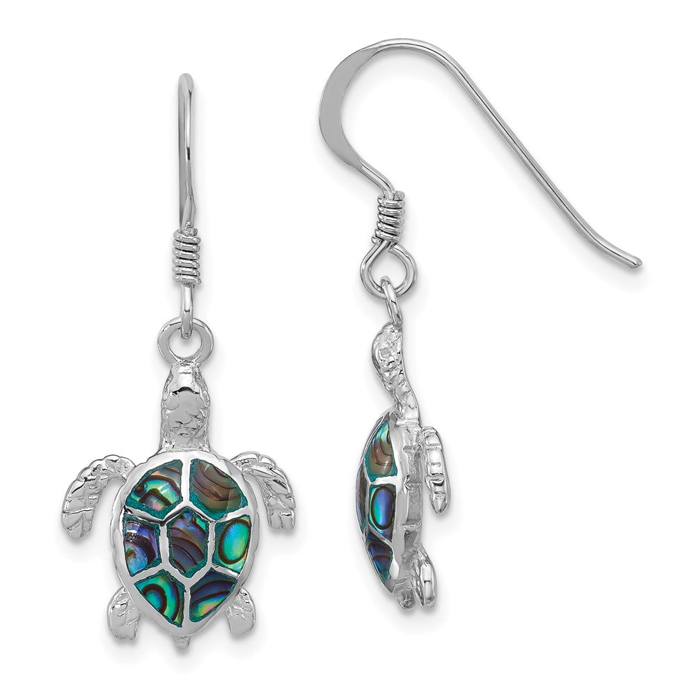 Sterling Silver Rhodium Plated Polished Paua Shell Turtle Dangle Earrings