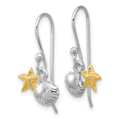 Sterling Silver Rhodium Plated Flash Gold-Plated Starfish & Shell Dangle Earring