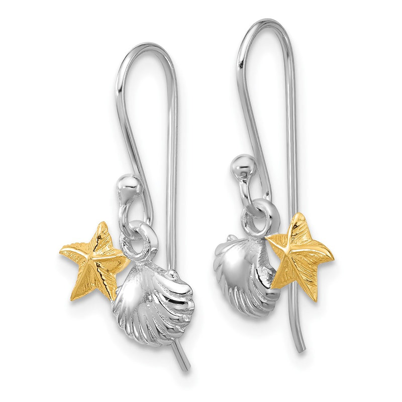 Sterling Silver Rhodium Plated Flash Gold-Plated Starfish & Shell Dangle Earring