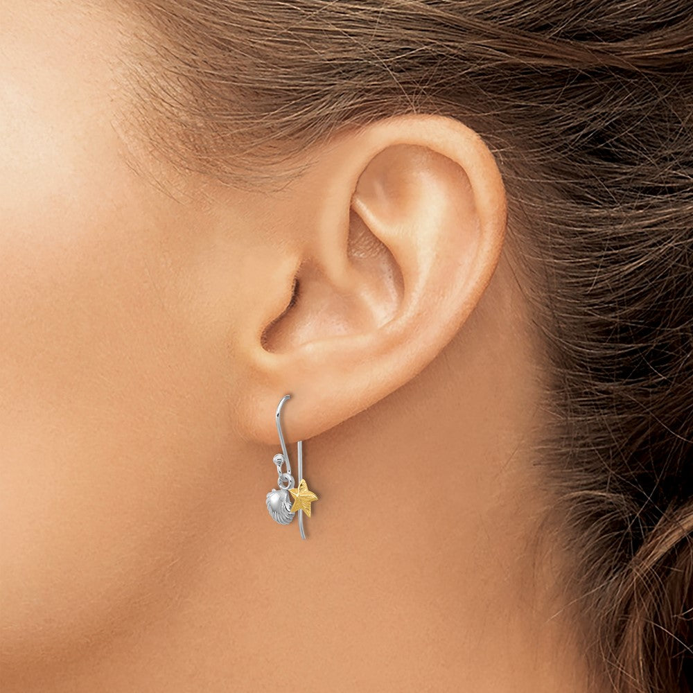 Sterling Silver Rhodium Plated Flash Gold-Plated Starfish & Shell Dangle Earring