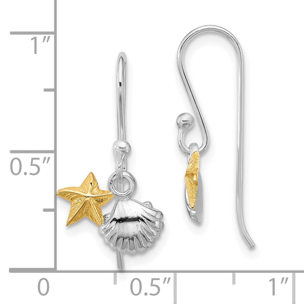 Sterling Silver Rhodium Plated Flash Gold-Plated Starfish & Shell Dangle Earring