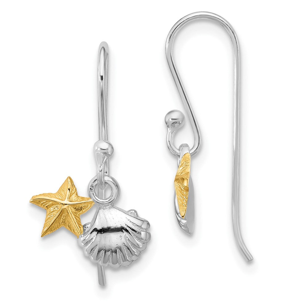 Sterling Silver Rhodium Plated Flash Gold-Plated Starfish & Shell Dangle Earring