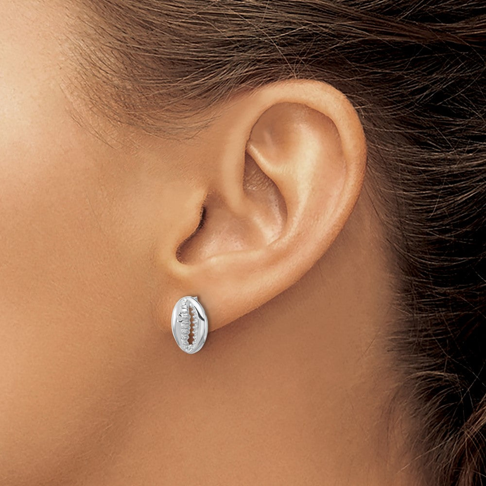 Sterling Silver Rhodium Plated Polished Cowrie Shell Post Earrings