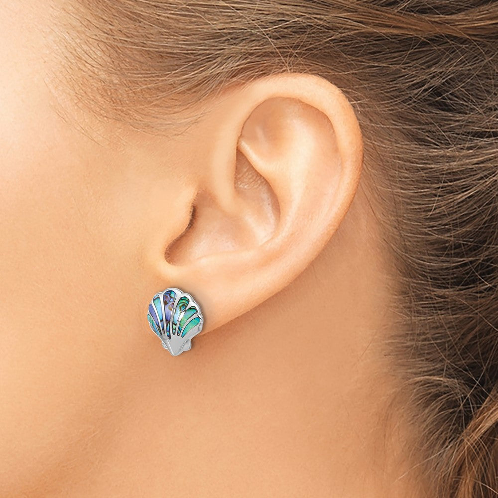 Sterling Silver Rhodium Plated Polished Abalone Shell Post Earrings