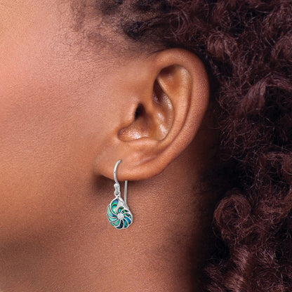 Sterling Silver Rhodium Plated Polished Abalone Swirl Shell Dangle Earrings