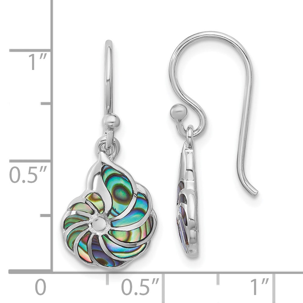 Sterling Silver Rhodium Plated Polished Abalone Swirl Shell Dangle Earrings