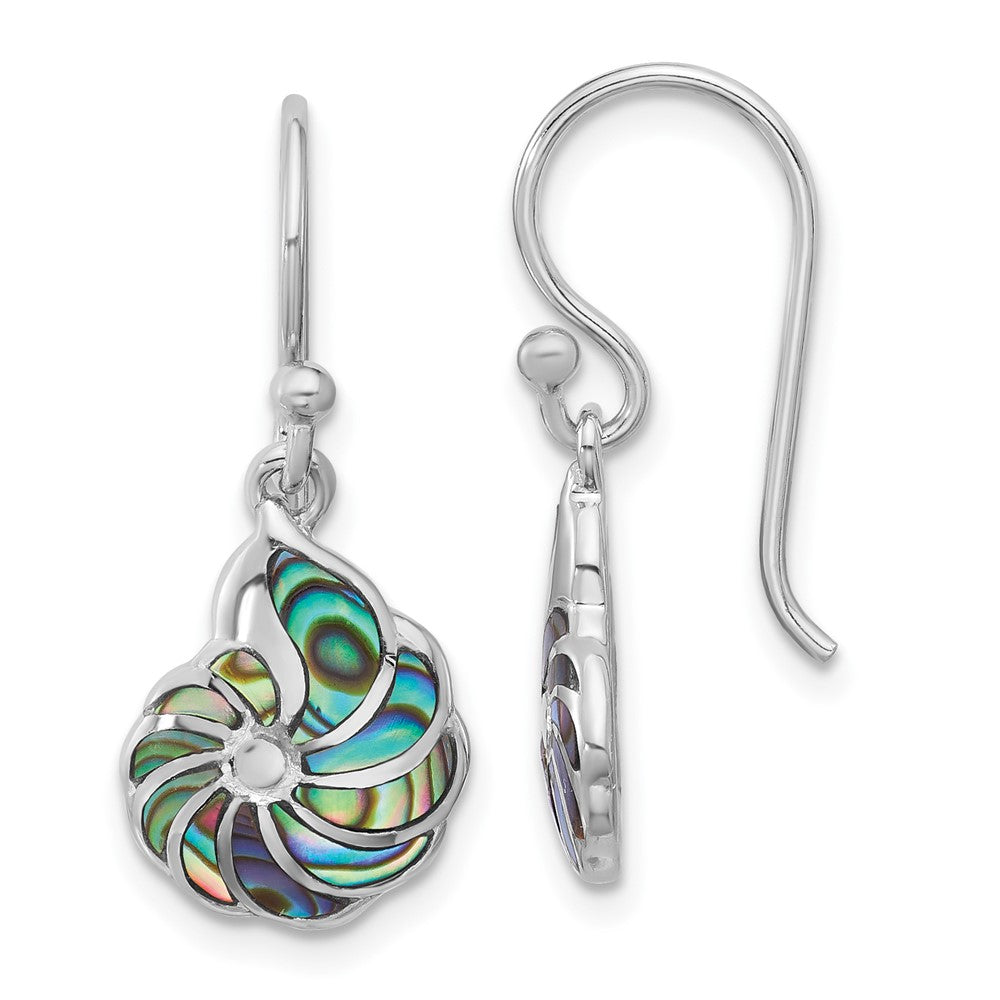 Sterling Silver Rhodium Plated Polished Abalone Swirl Shell Dangle Earrings