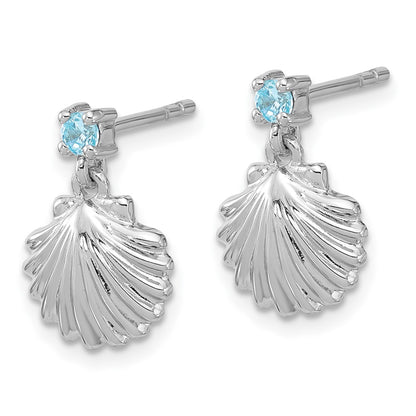 Sterling Silver Rhodium Plated Polished Blue CZ Dangle Shell Stud Earrings