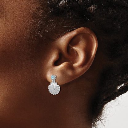 Sterling Silver Rhodium Plated Polished Blue CZ Dangle Shell Stud Earrings