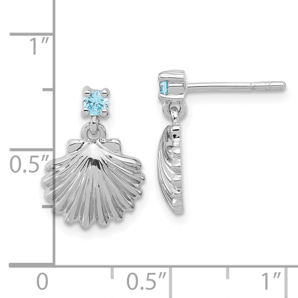 Sterling Silver Rhodium Plated Polished Blue CZ Dangle Shell Stud Earrings