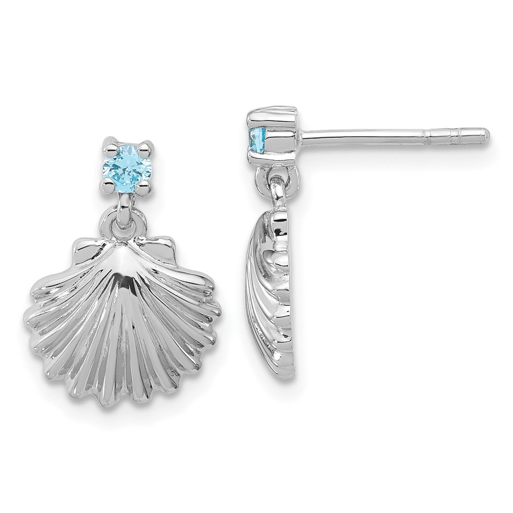 Sterling Silver Rhodium Plated Polished Blue CZ Dangle Shell Stud Earrings