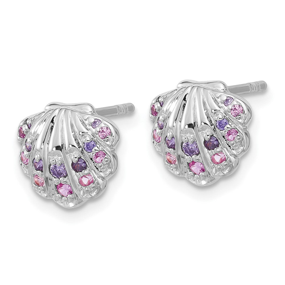 Sterling Silver Rhodium Plated Polished CZ Shell Post Earrings