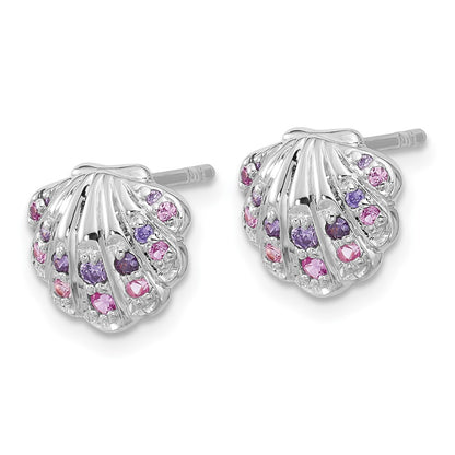 Sterling Silver Rhodium Plated Polished CZ Shell Post Earrings