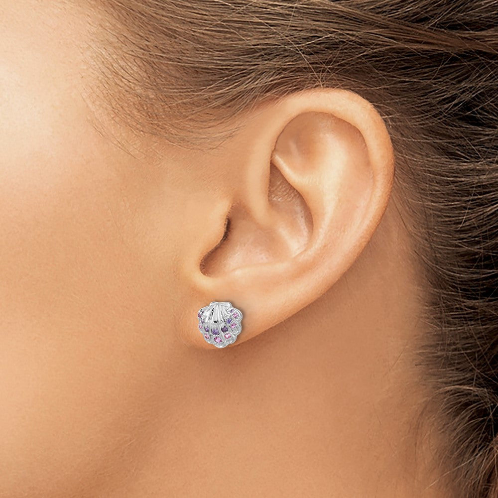 Sterling Silver Rhodium Plated Polished CZ Shell Post Earrings