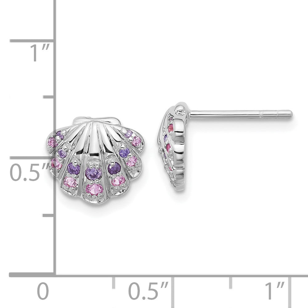Sterling Silver Rhodium Plated Polished CZ Shell Post Earrings