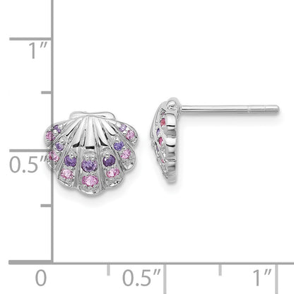 Sterling Silver Rhodium Plated Polished CZ Shell Post Earrings