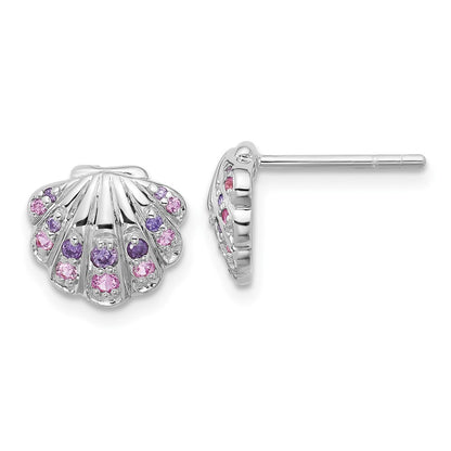 Sterling Silver Rhodium Plated Polished CZ Shell Post Earrings