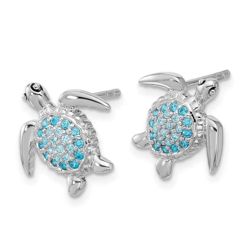 Sterling Silver Rhodium Plated Polished CZ Turtle Post Earrings
