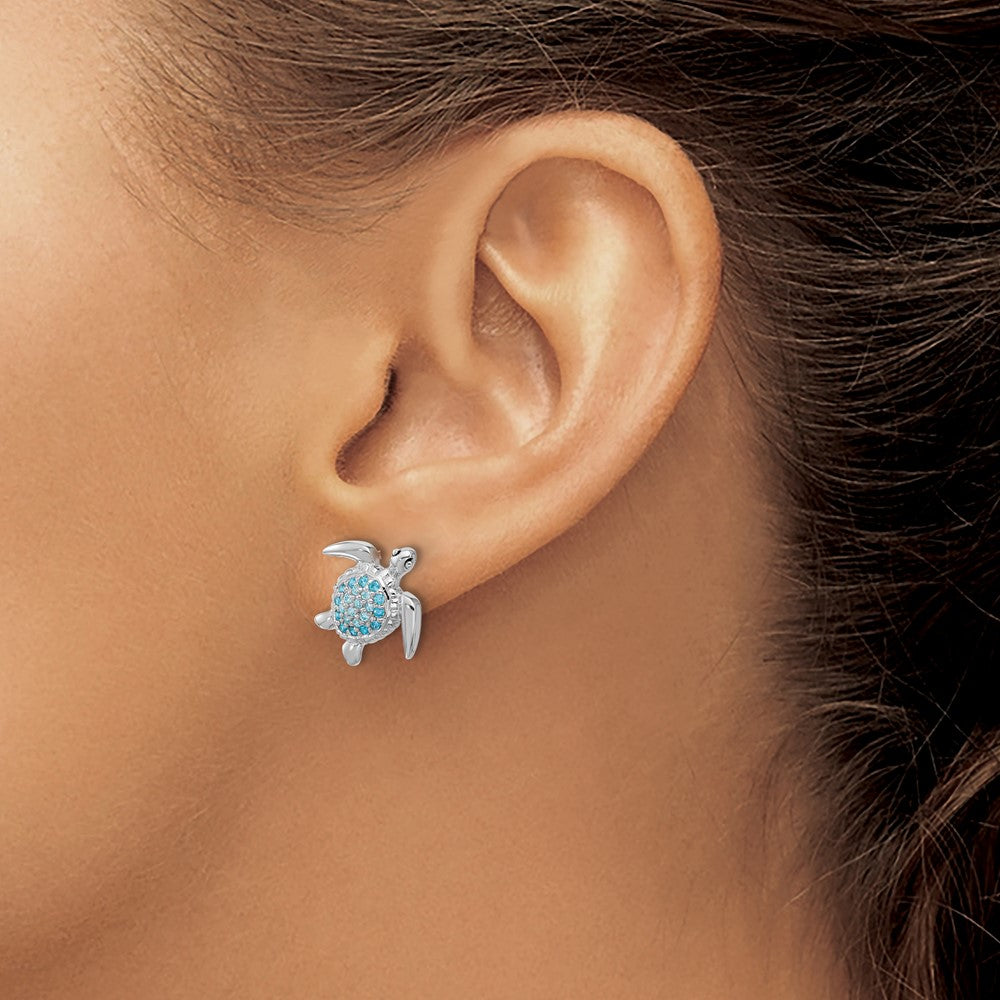 Sterling Silver Rhodium Plated Polished CZ Turtle Post Earrings