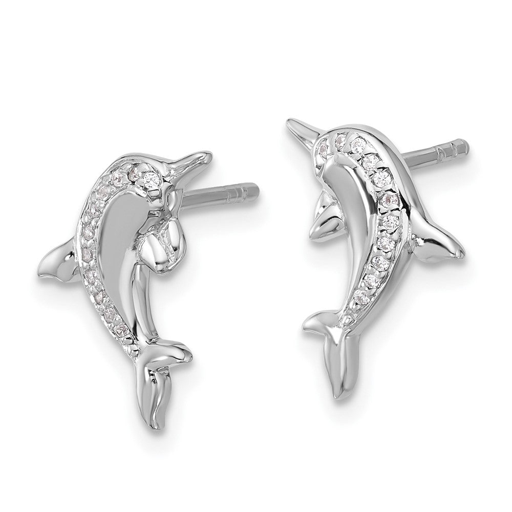 Sterling Silver Rhodium Plated Polished CZ Dolphin Post Earrings