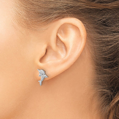 Sterling Silver Rhodium Plated Polished CZ Dolphin Post Earrings