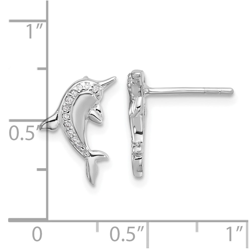 Sterling Silver Rhodium Plated Polished CZ Dolphin Post Earrings