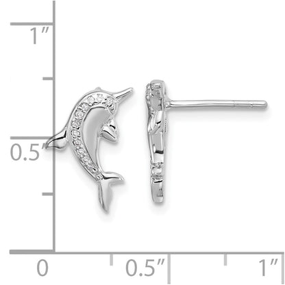 Sterling Silver Rhodium Plated Polished CZ Dolphin Post Earrings