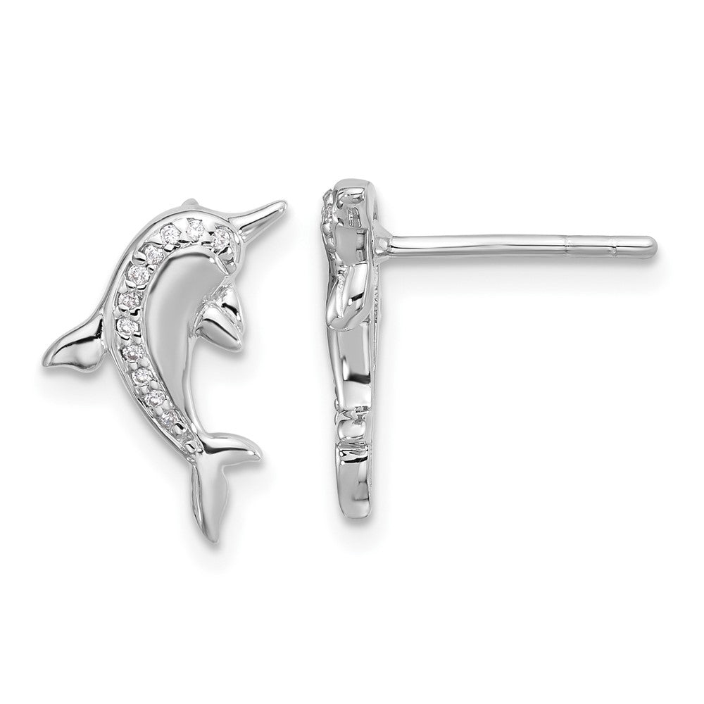 Sterling Silver Rhodium Plated Polished CZ Dolphin Post Earrings