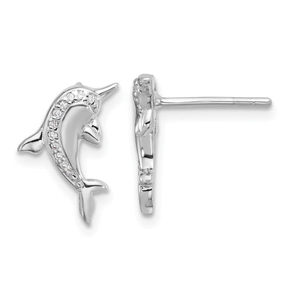 Sterling Silver Rhodium Plated Polished CZ Dolphin Post Earrings
