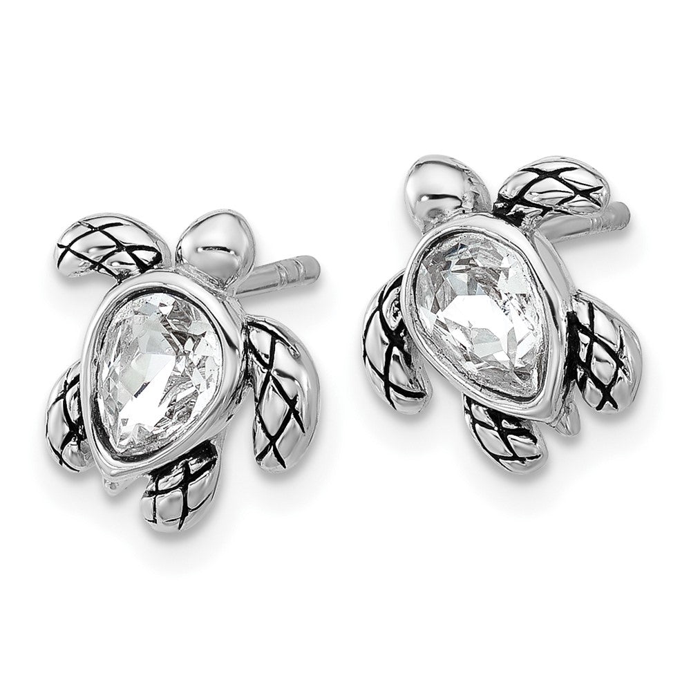 Sterling Silver Rhodium Plated Antiqued Crystal Apr Birthstone Turtle Earrings