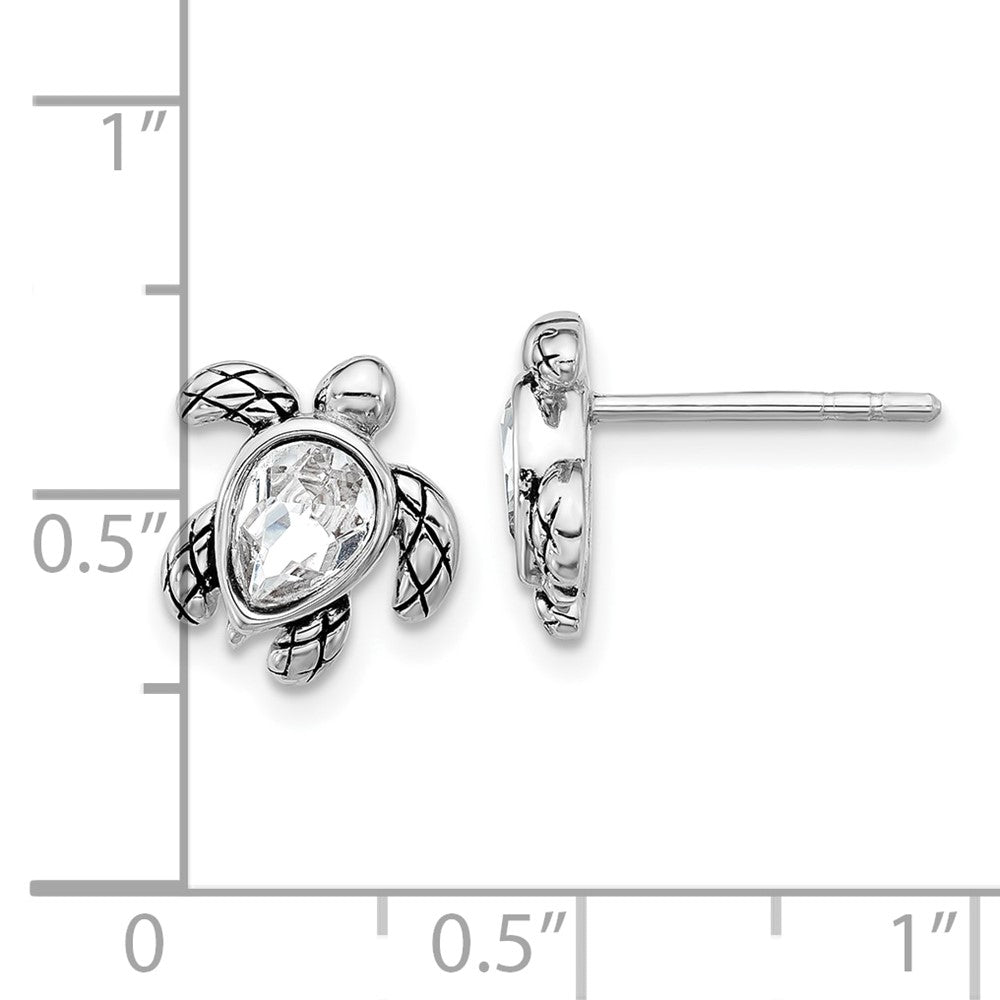 Sterling Silver Rhodium Plated Antiqued Crystal Apr Birthstone Turtle Earrings