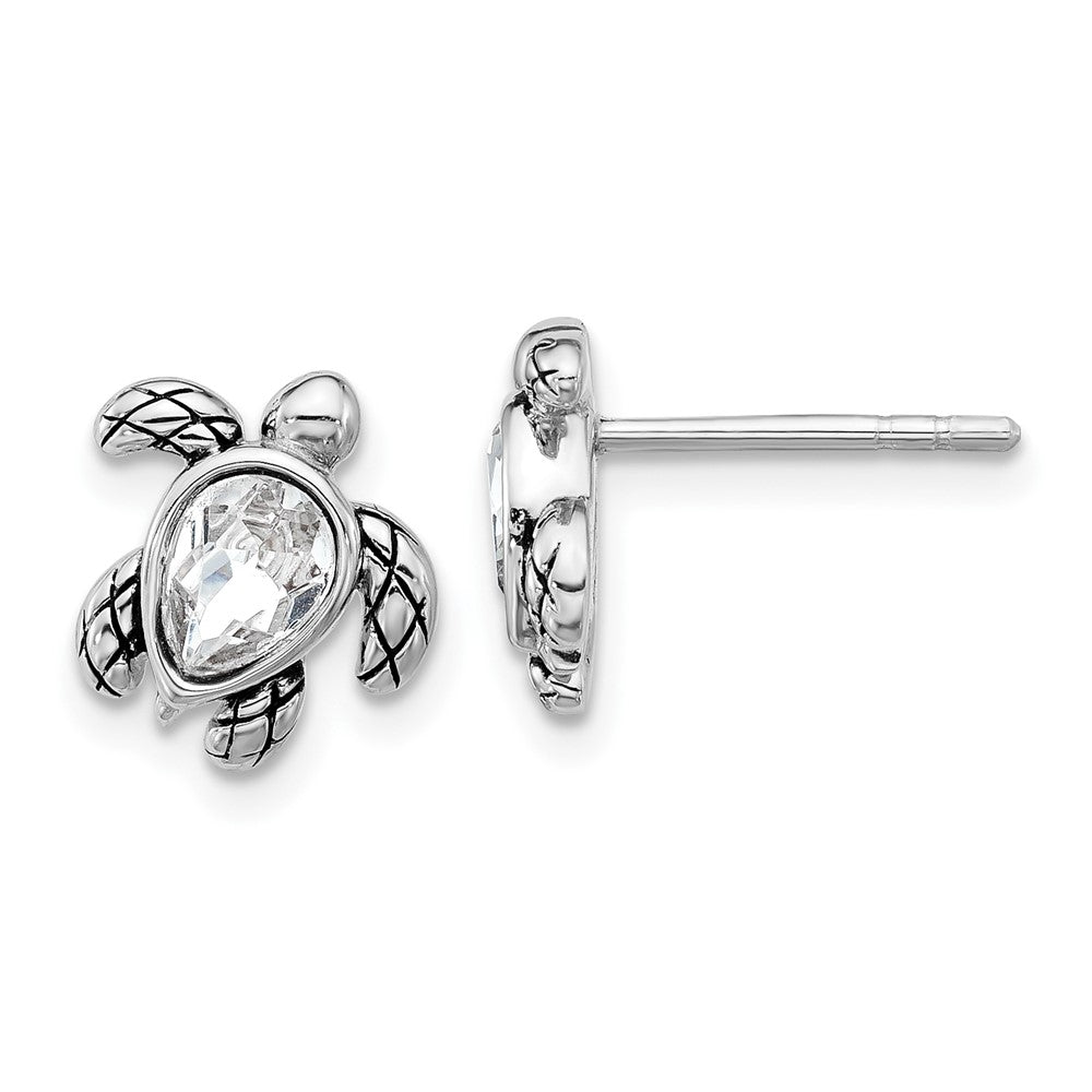 Sterling Silver Rhodium Plated Antiqued Crystal Apr Birthstone Turtle Earrings