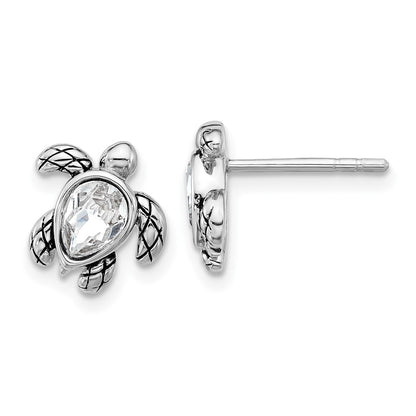 Sterling Silver Rhodium Plated Antiqued Crystal Apr Birthstone Turtle Earrings