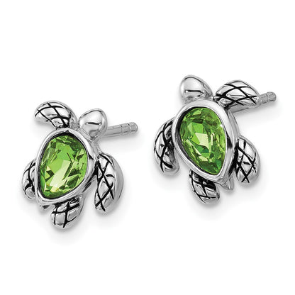 Sterling Silver Rhodium Plated Antiqued Crystal Aug Birthstone Turtle Earrings