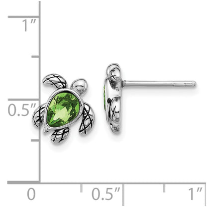 Sterling Silver Rhodium Plated Antiqued Crystal Aug Birthstone Turtle Earrings