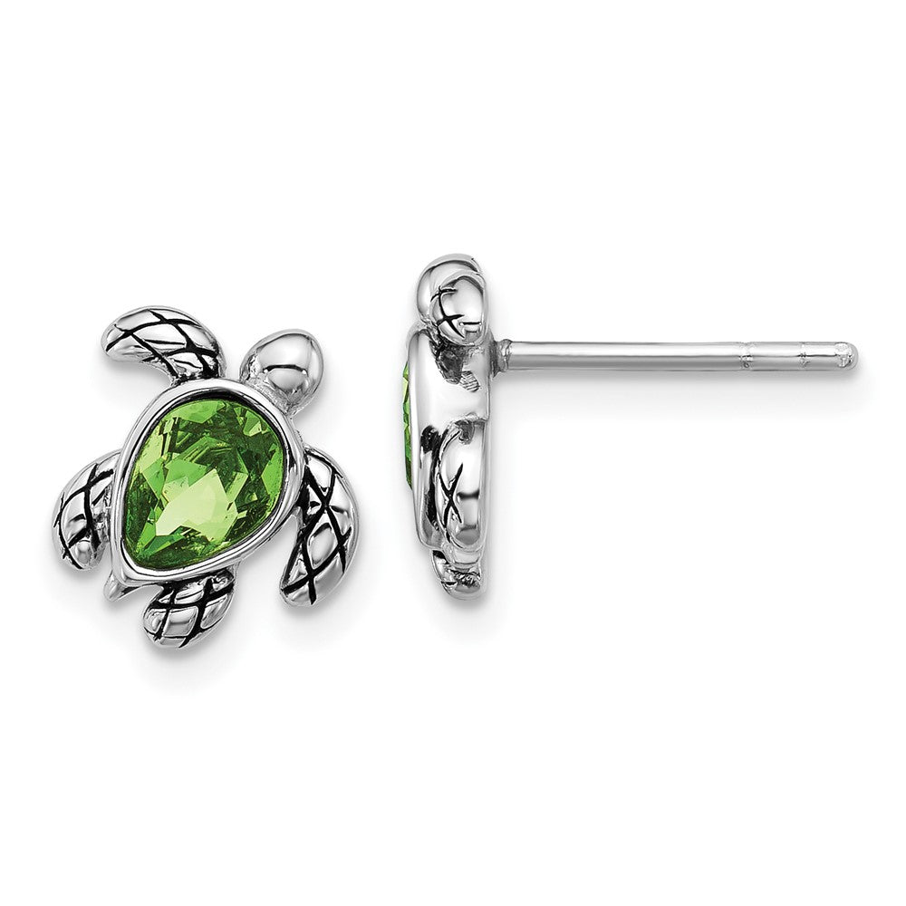 Sterling Silver Rhodium Plated Antiqued Crystal Aug Birthstone Turtle Earrings