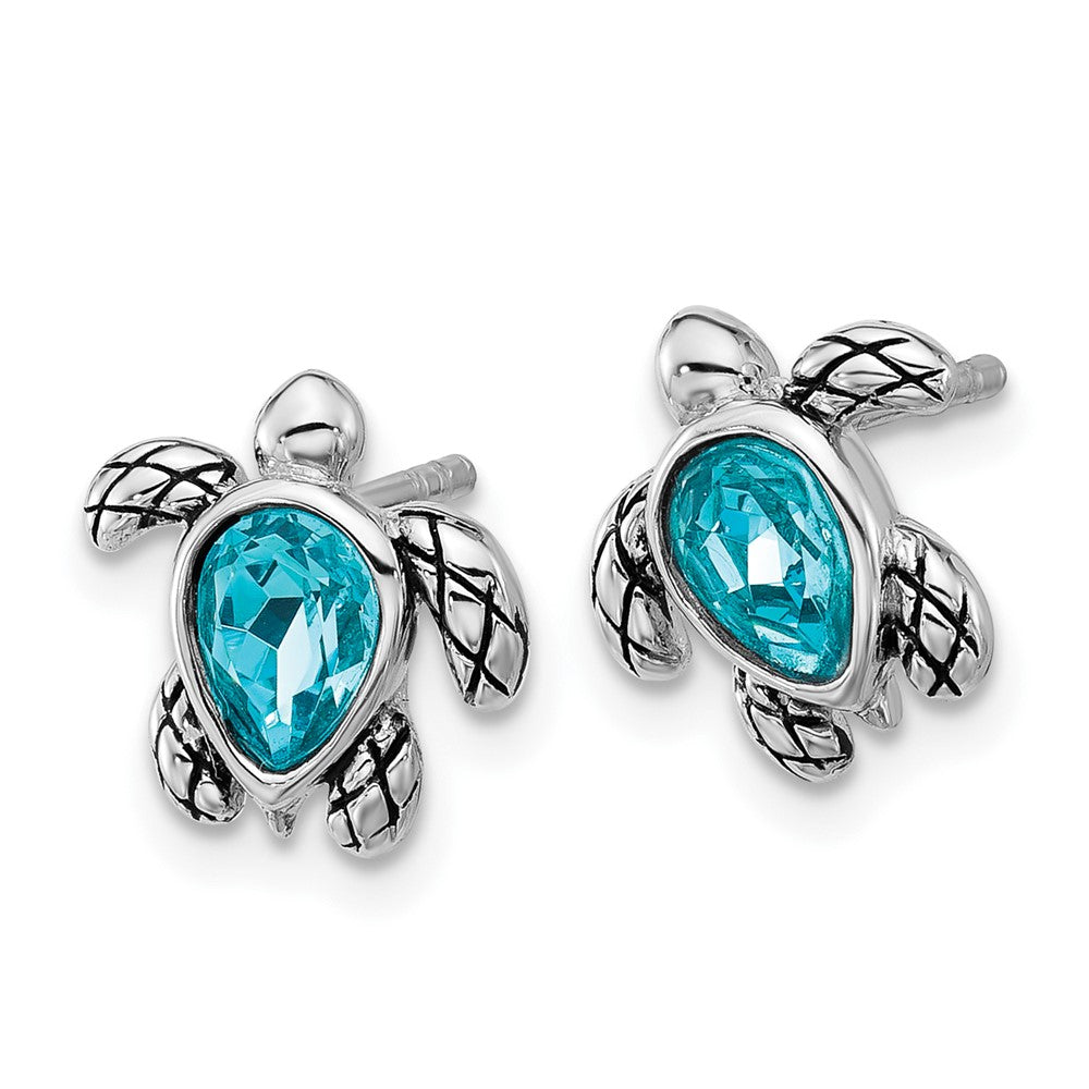 Sterling Silver Rhodium Plated Antiqued Crystal Dec Birthstone Turtle Earrings
