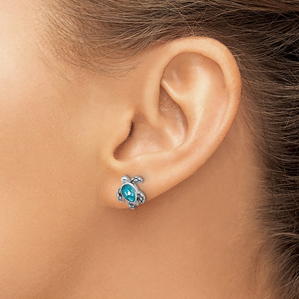 Sterling Silver Rhodium Plated Antiqued Crystal Dec Birthstone Turtle Earrings